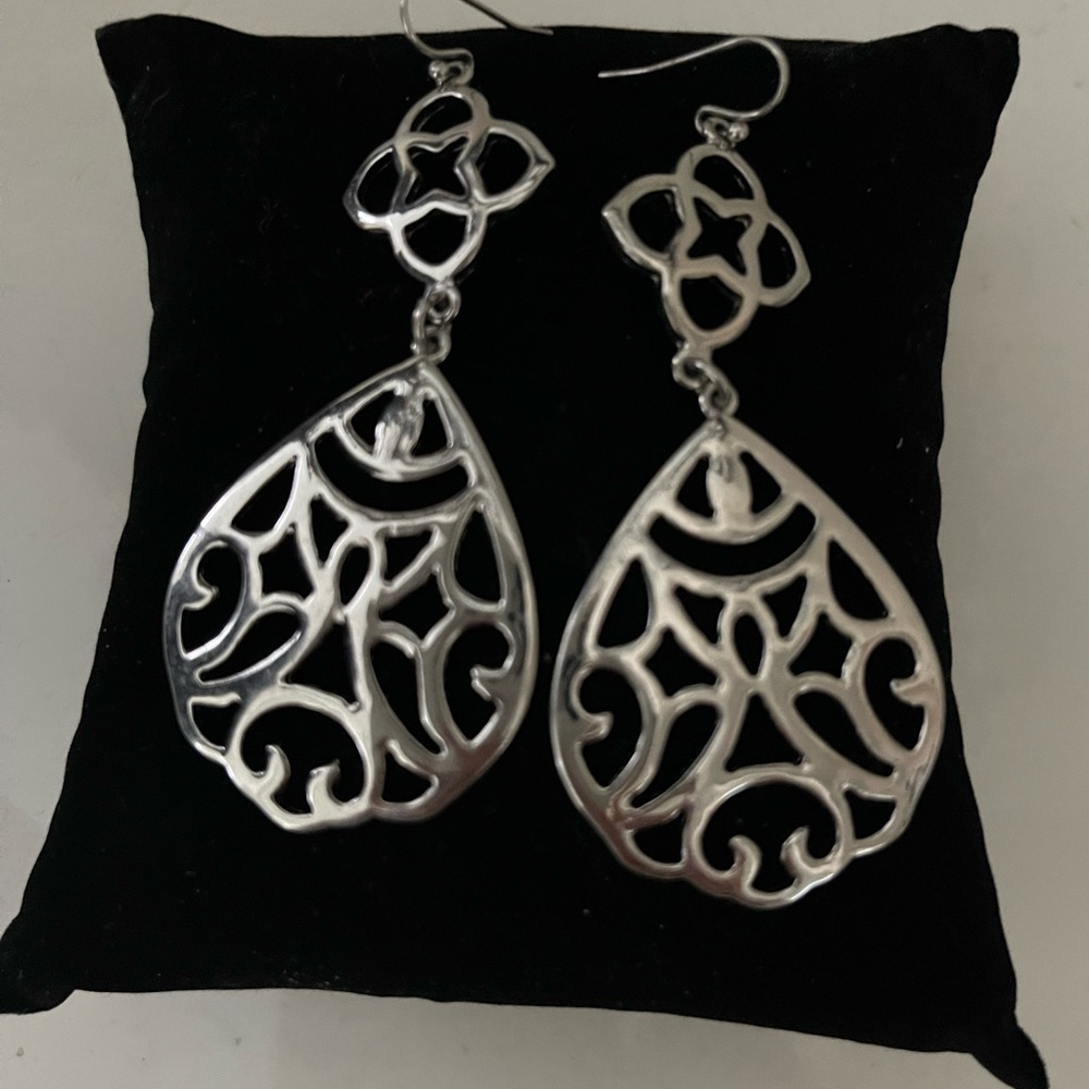 Delicate open scrolled silver tone 2 1/2” Tear drop earrings